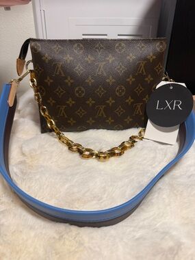 Louis Vuitton Brown Monogram Pouch with Blue Strap and Gold Chain